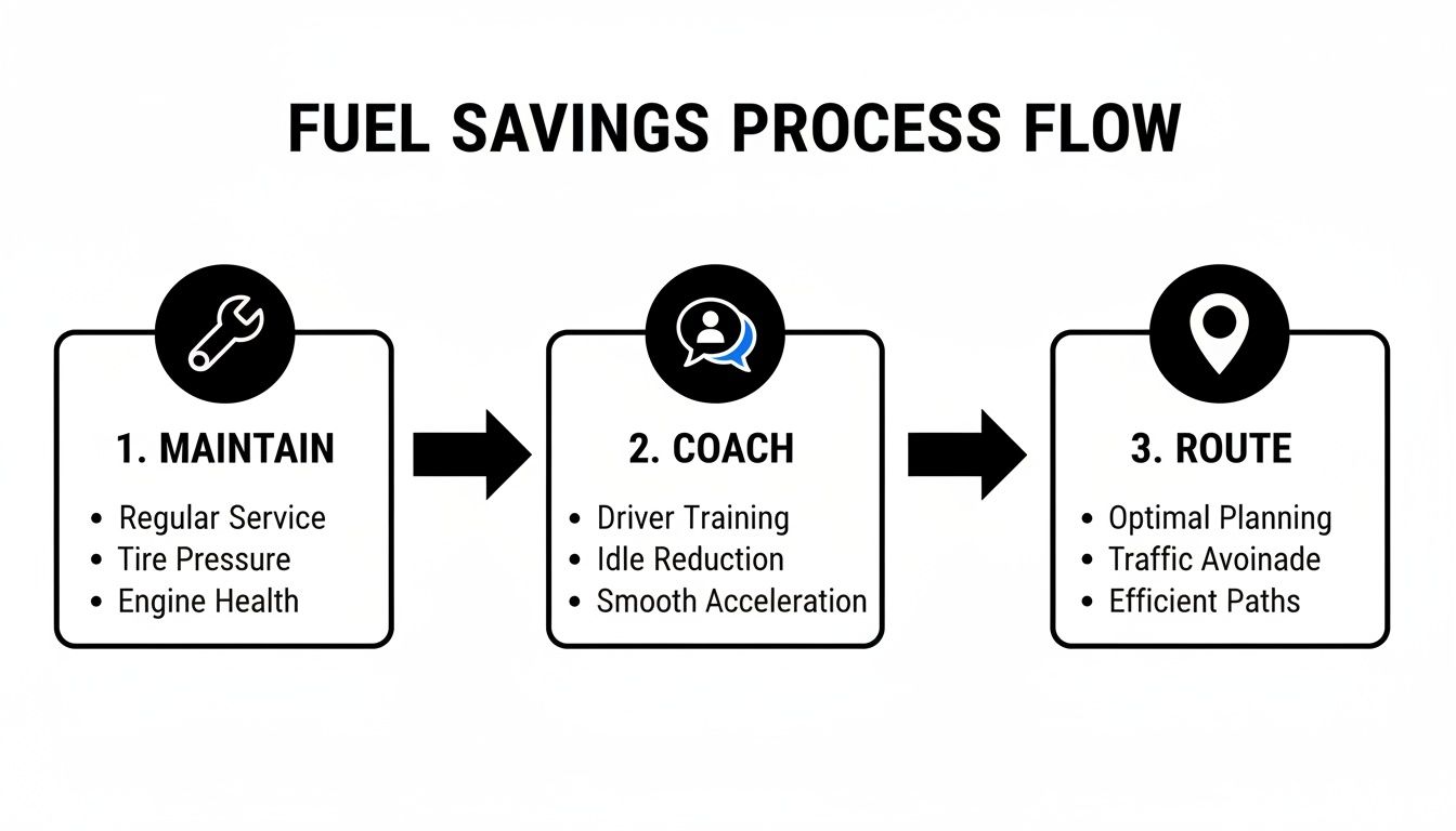 Infographic illustrating a three-step fuel savings process flow: Maintain, Coach, and Route.