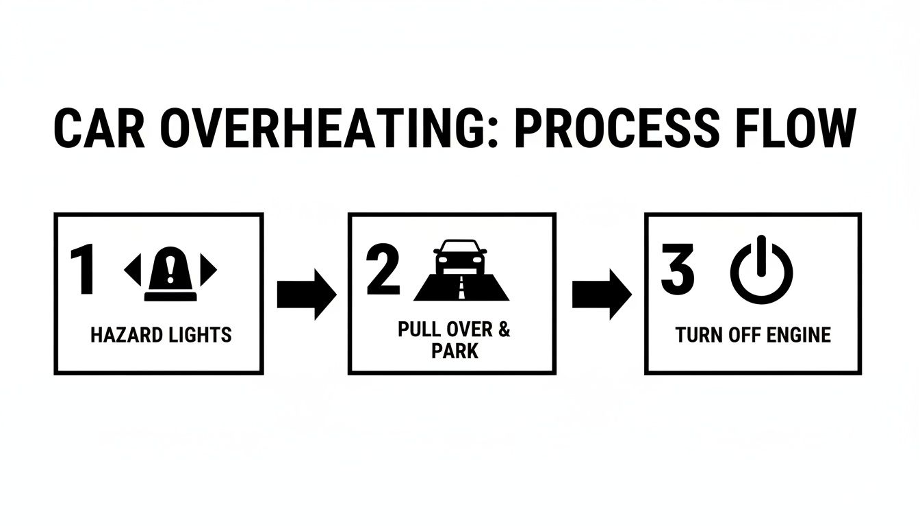 Steps for car overheating: 1. Hazard lights, 2. Pull over and park, 3. Turn off engine.