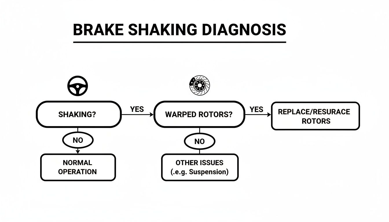 A flowchart for brake shaking diagnosis, guiding users to check for warped rotors or other issues.