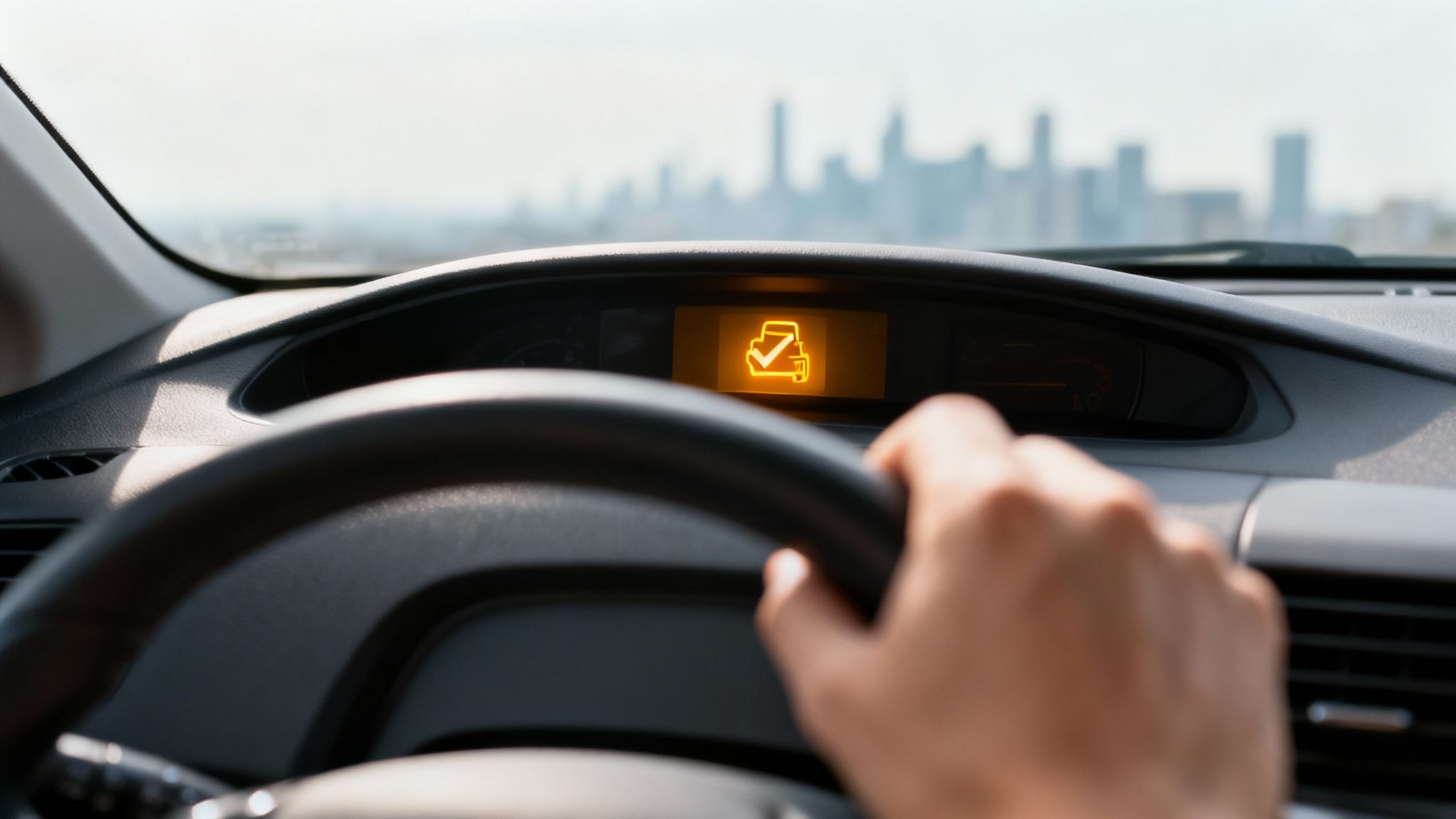 Dashboard view of a car with an illuminated check engine light, a hand on the wheel, and a blurred city background.