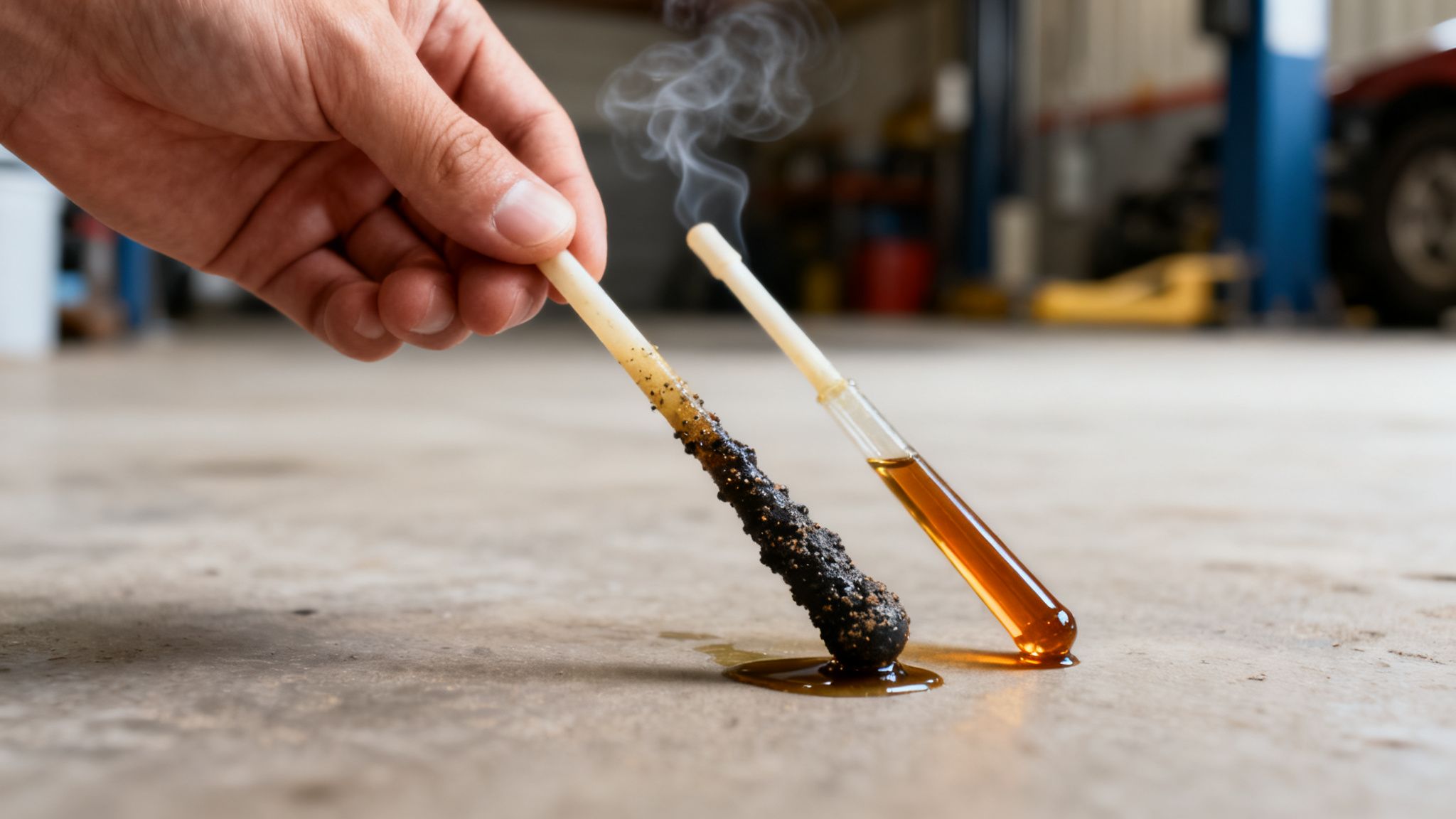 Hand holds a test tube with burnt, smoking oil next to new oil in a garage.