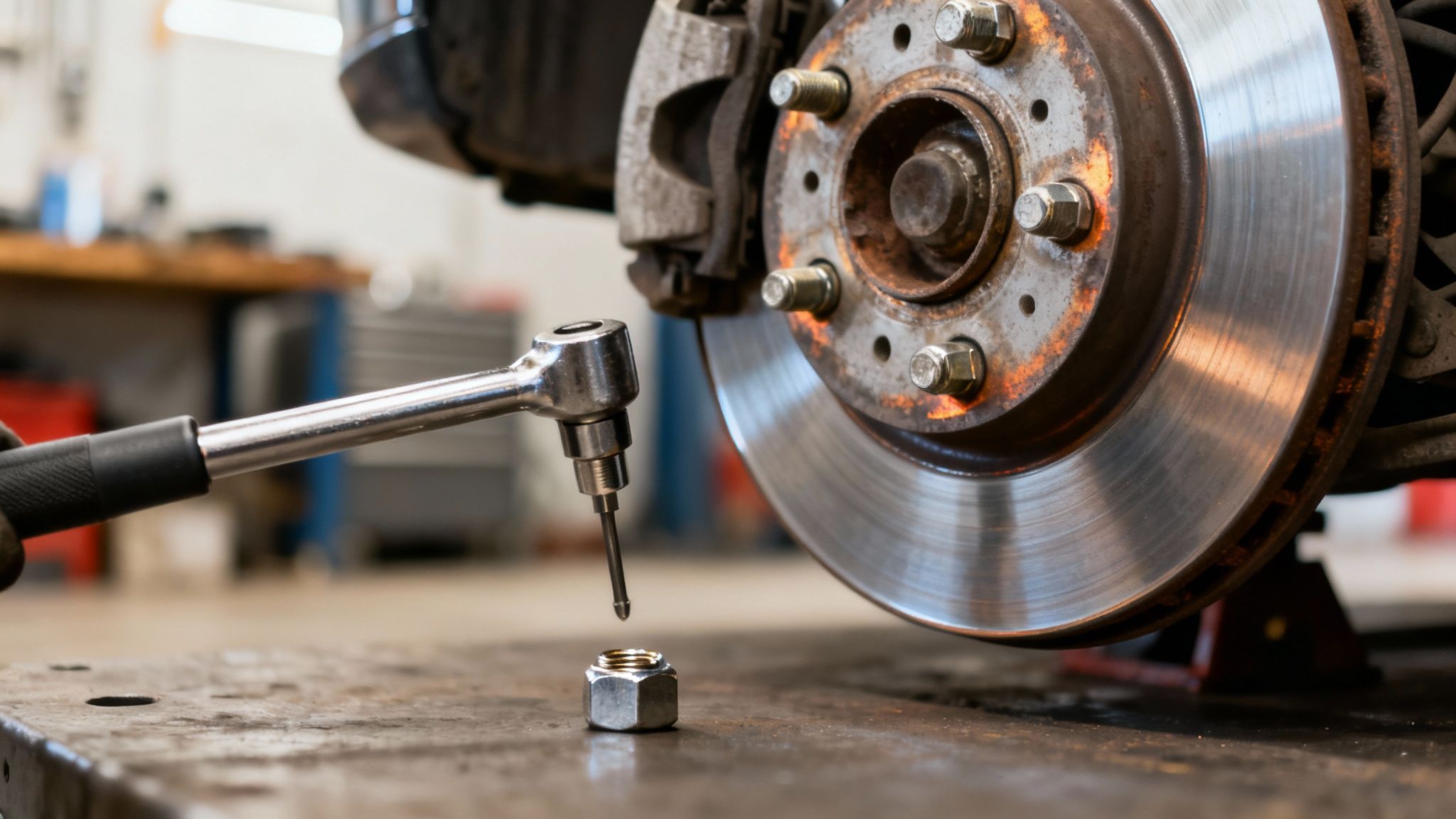 A close-up of a rusty car brake rotor, caliper, and lug nut being worked on with a ratchet.
