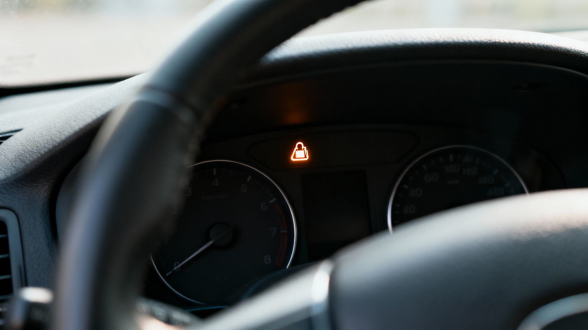 A car dashboard showing an illuminated orange warning light shaped like a shopping bag.