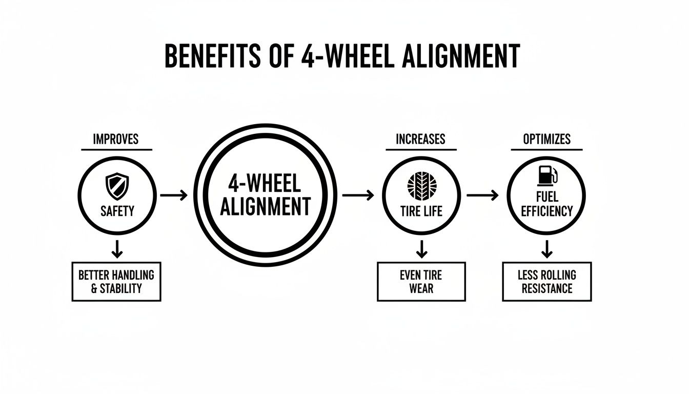 Flowchart detailing the benefits of 4-wheel alignment, including improved safety, longer tire life, and better fuel efficiency.