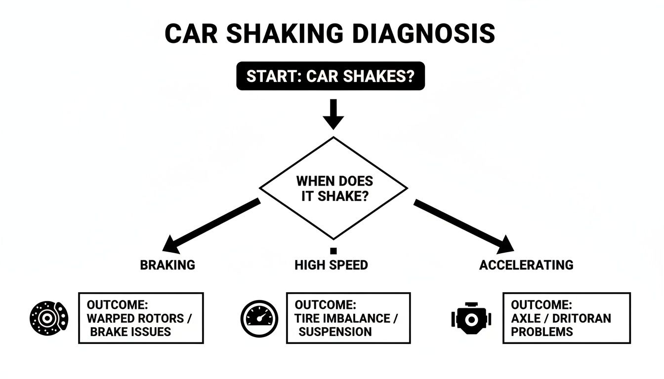 Flowchart for car shaking diagnosis, identifying common causes like brakes, tires, or axle issues.