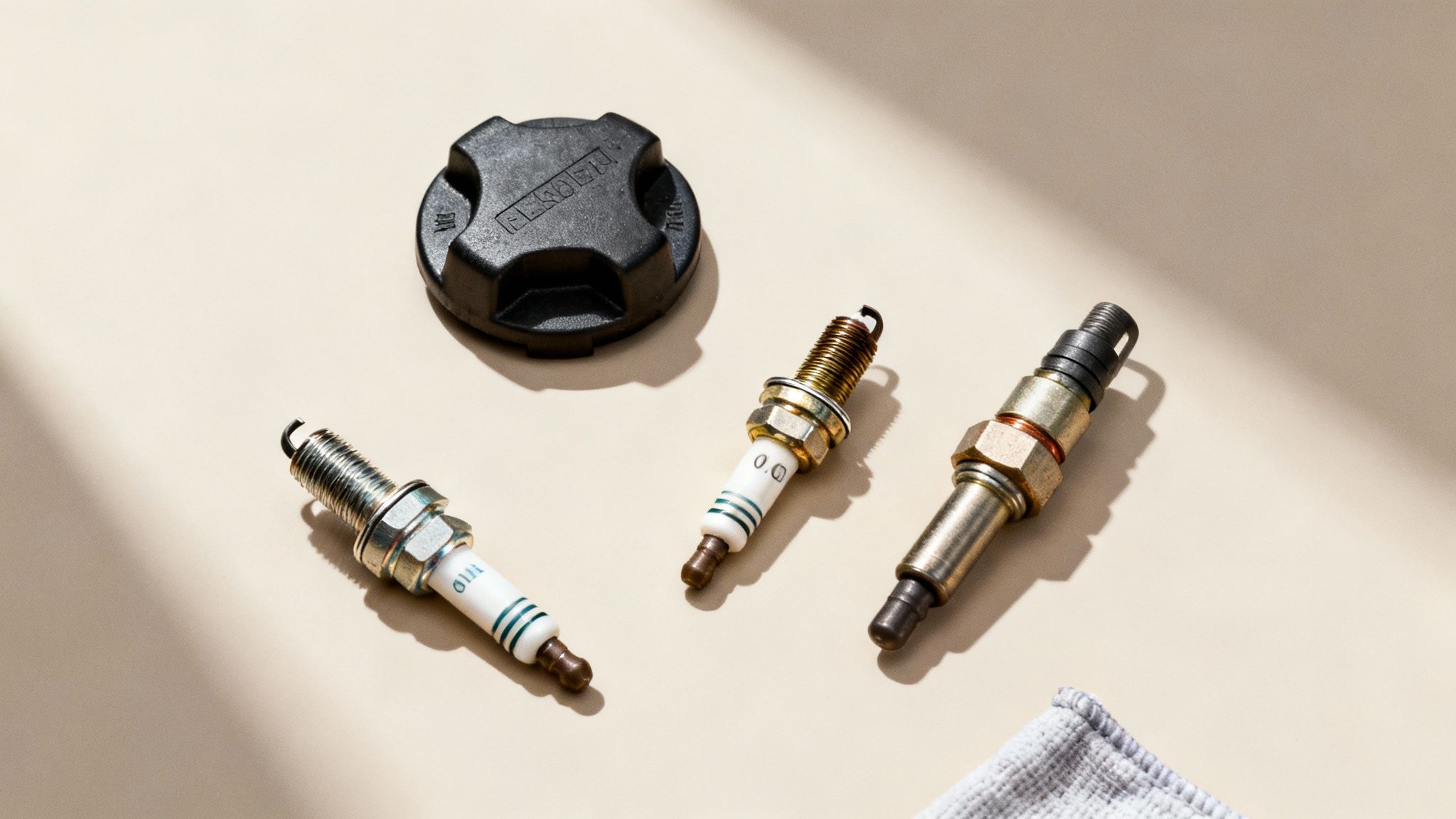 Close-up of three used spark plugs and a black engine cap on a light-colored surface.