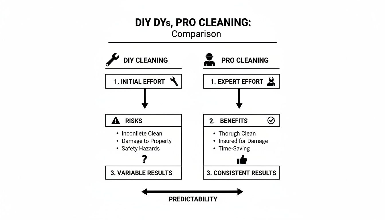Comparison chart illustrating risks and variable results of DIY cleaning versus benefits and consistent professional cleaning.