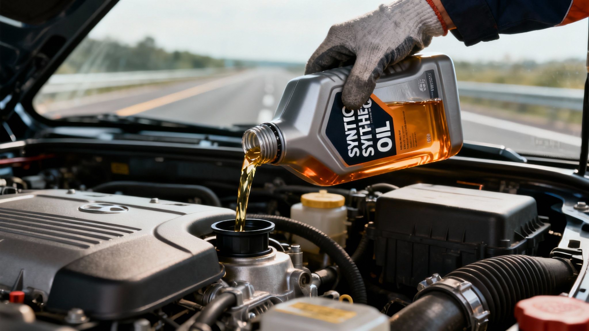 A gloved hand pours golden synthetic oil into a car engine on a roadside for maintenance.