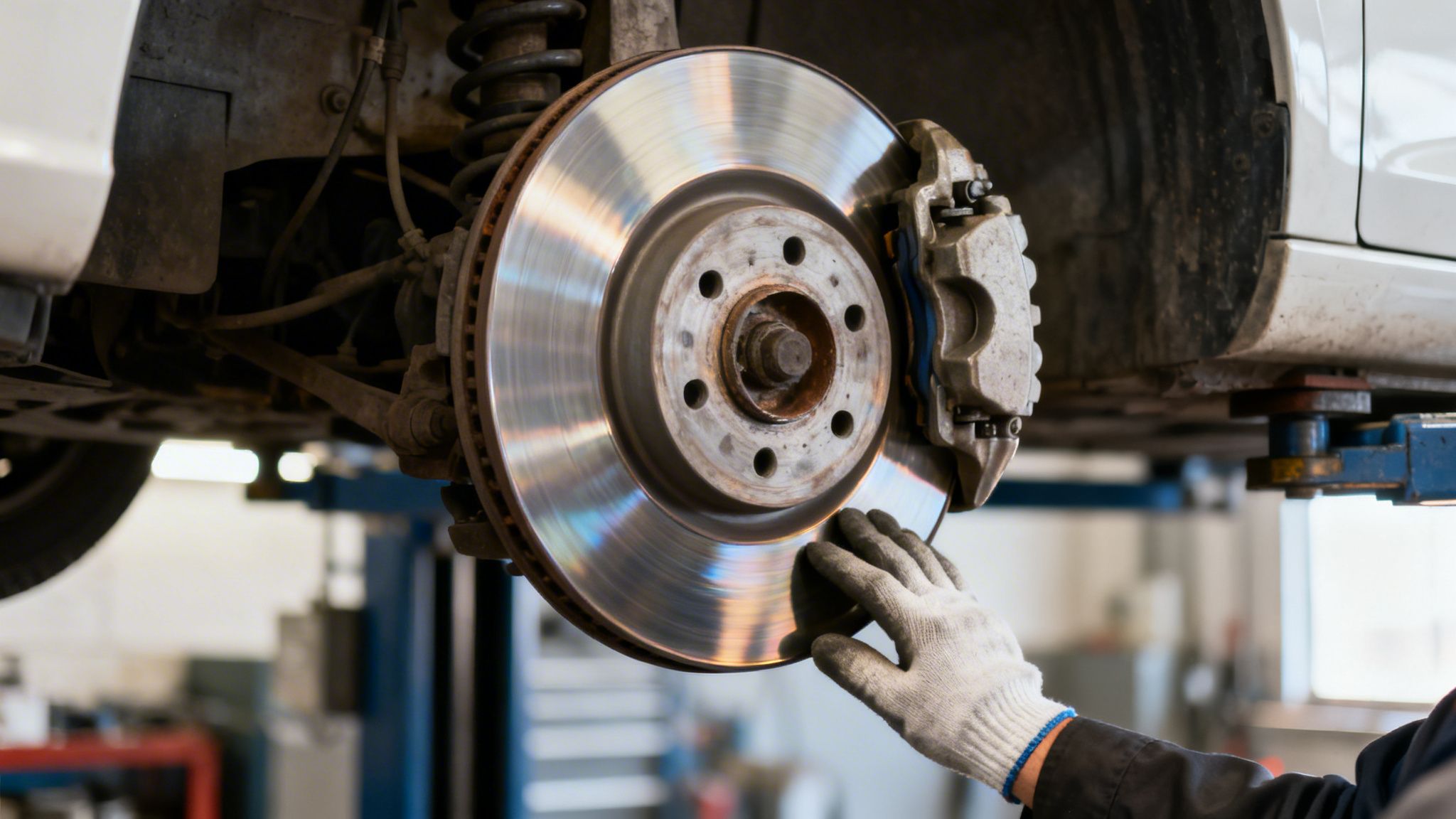 A mechanic's gloved hand inspects the shiny brake disc and caliper of a car on a lift.