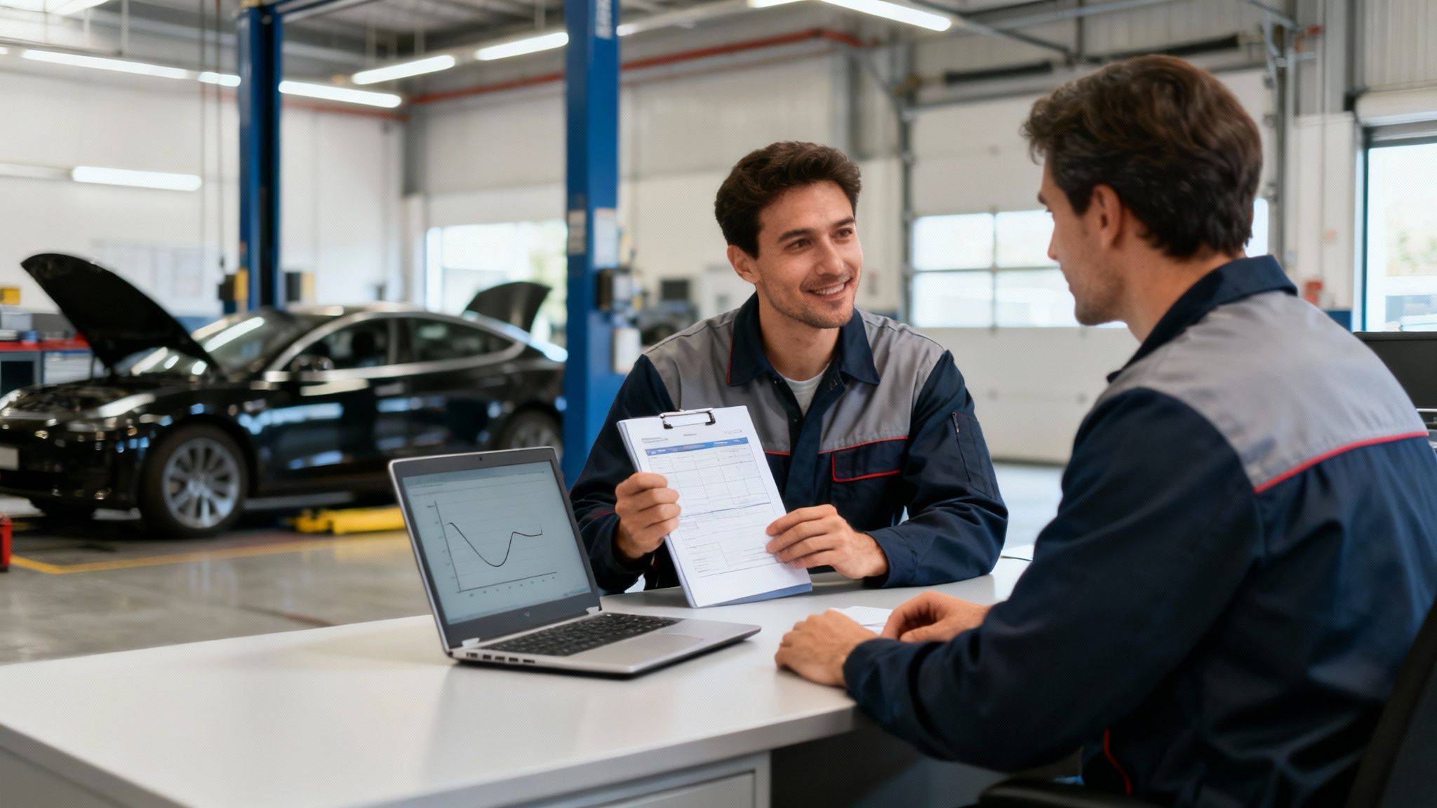 Two mechanics discuss car service details with a clipboard and laptop in a garage.