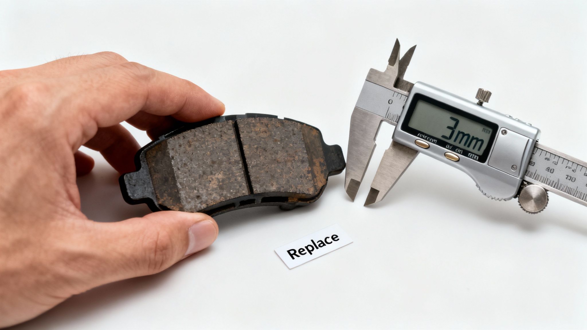 A hand holds a worn brake pad next to a digital caliper measuring 3mm, with a 'Replace' label.