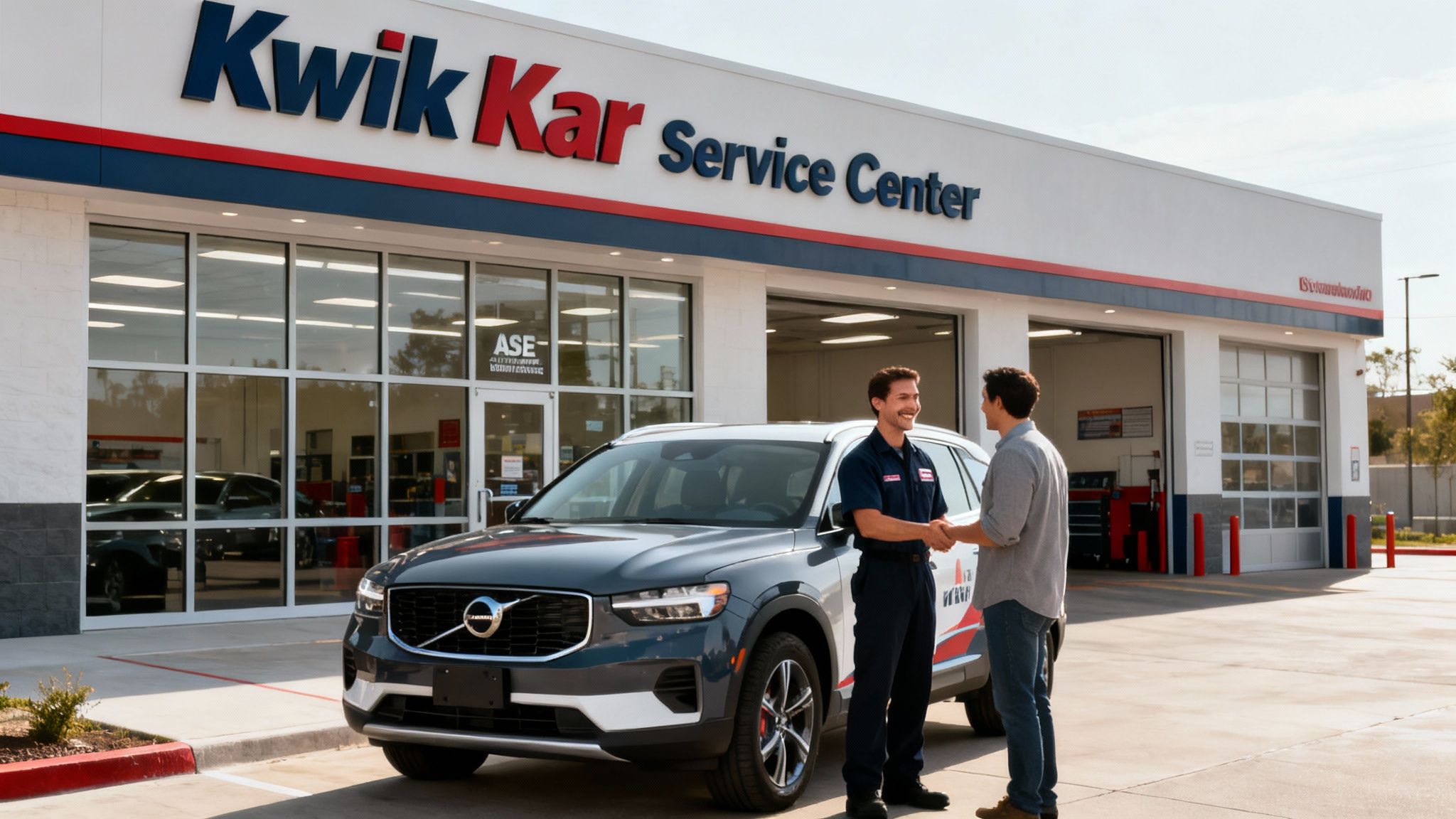 Two men, a mechanic and a customer, shake hands in front of a Kwik Kar Service Center with a Volvo SUV.