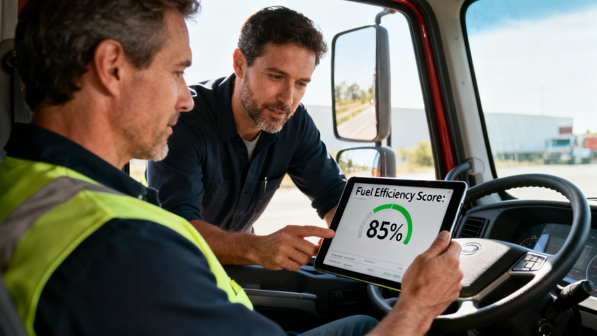 A truck driver and a manager reviewing fuel efficiency performance on a digital tablet.