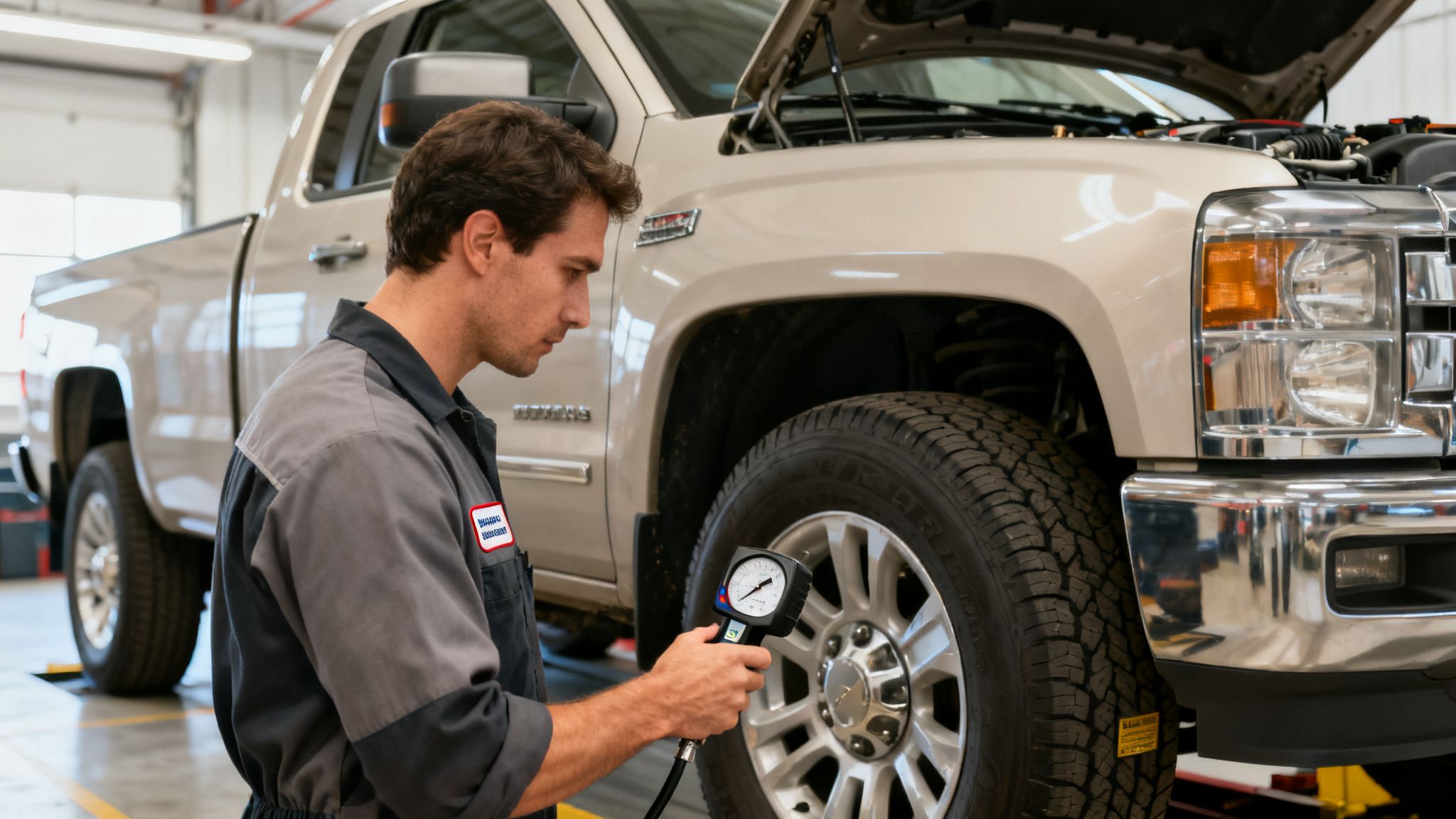 A mechanic in a garage checks the tire pressure of a beige truck with a gauge.