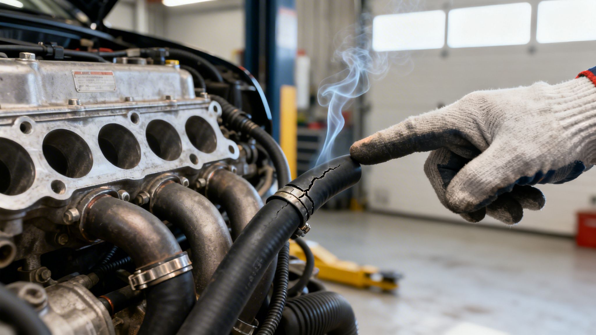 A gloved hand points to a cracked, smoking car engine hose, indicating a leak in a garage.