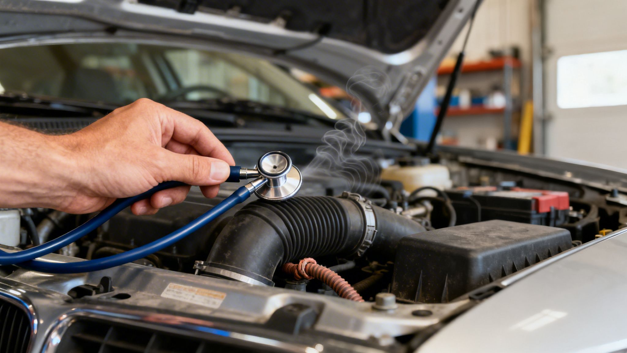 Mechanic using a stethoscope to diagnose a car engine, looking for vacuum leaks with visible vapor.