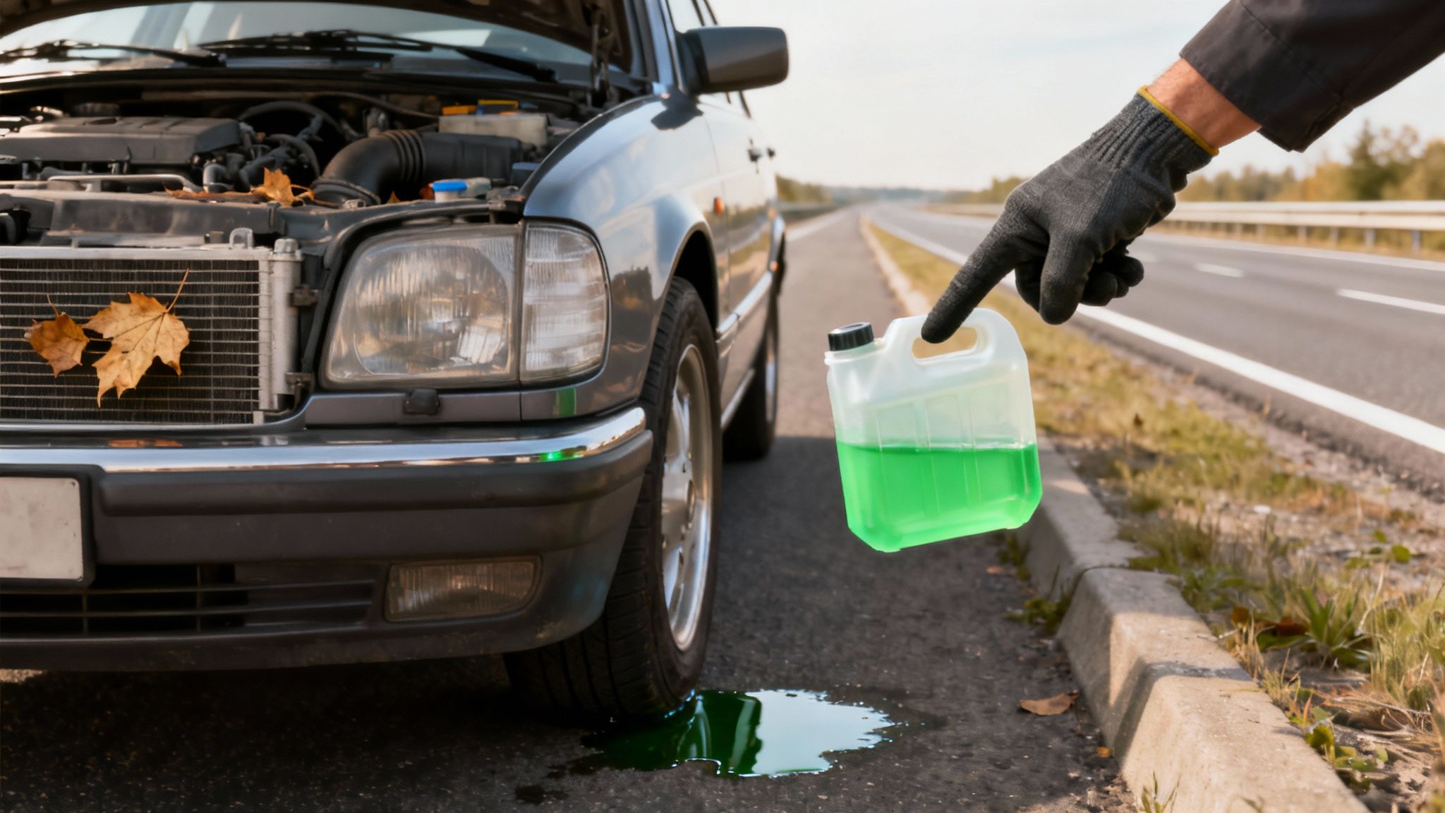 A gloved hand points to green coolant spilled on the road next to a broken-down car with an open hood.