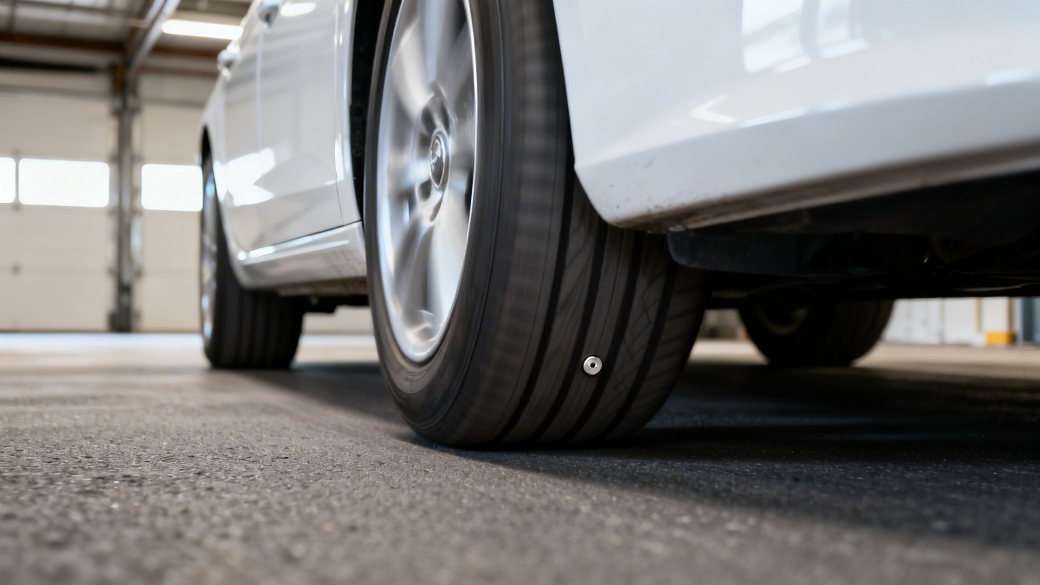 Close-up of a white car's spinning front tire with a small object on its tread in a garage.