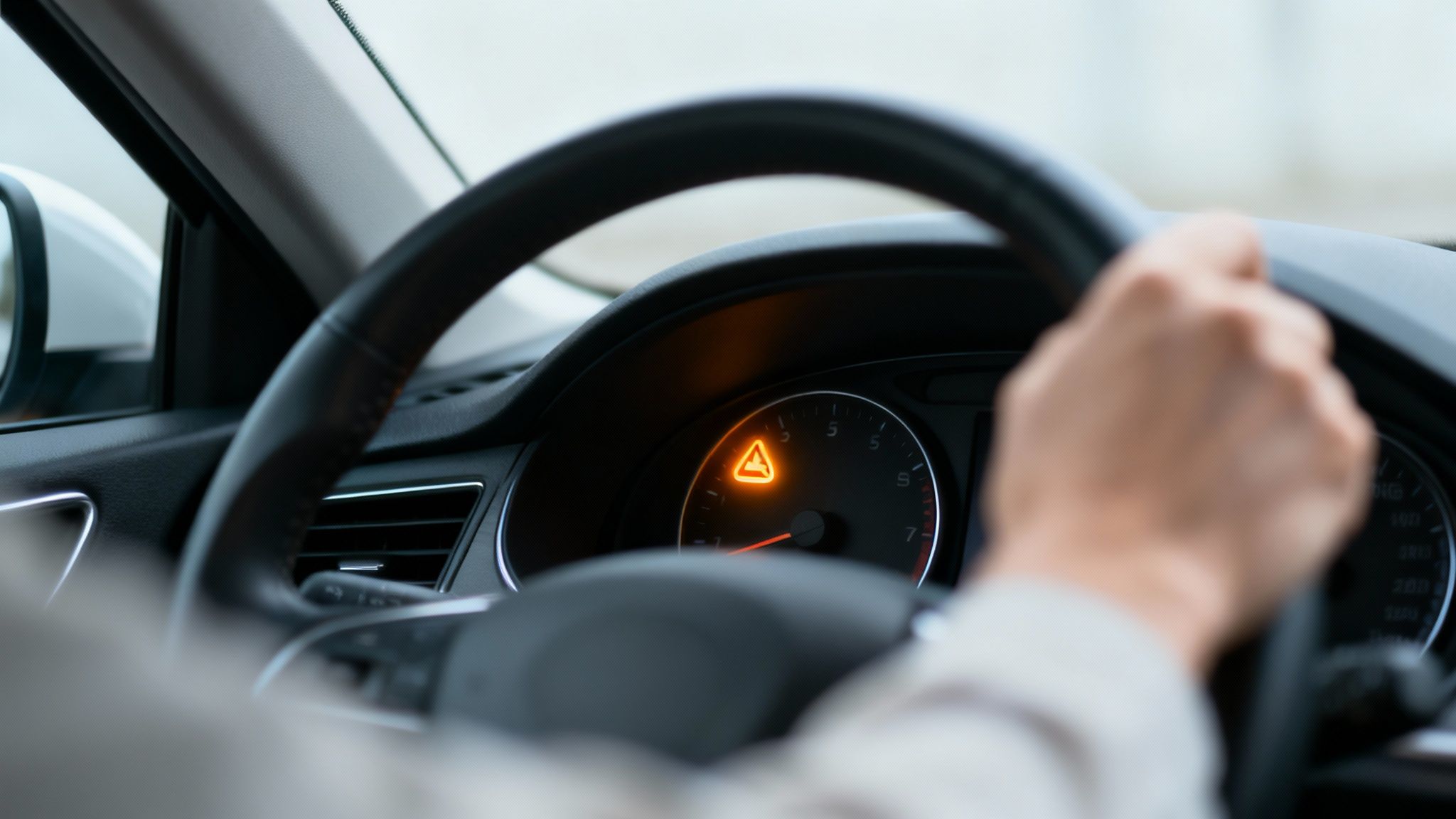 A driver's hand on a car steering wheel with an orange warning light illuminated on the dashboard.