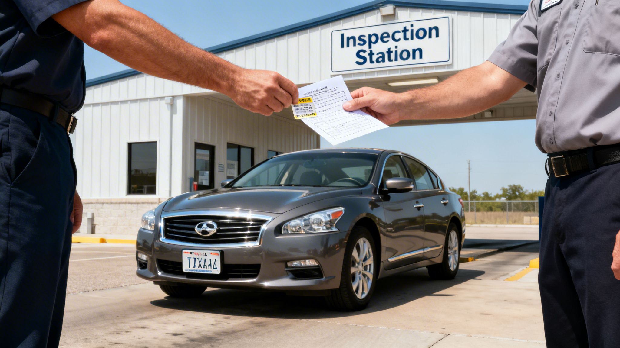 Two service technicians exchanging vehicle inspection paperwork at a drive-thru inspection station.