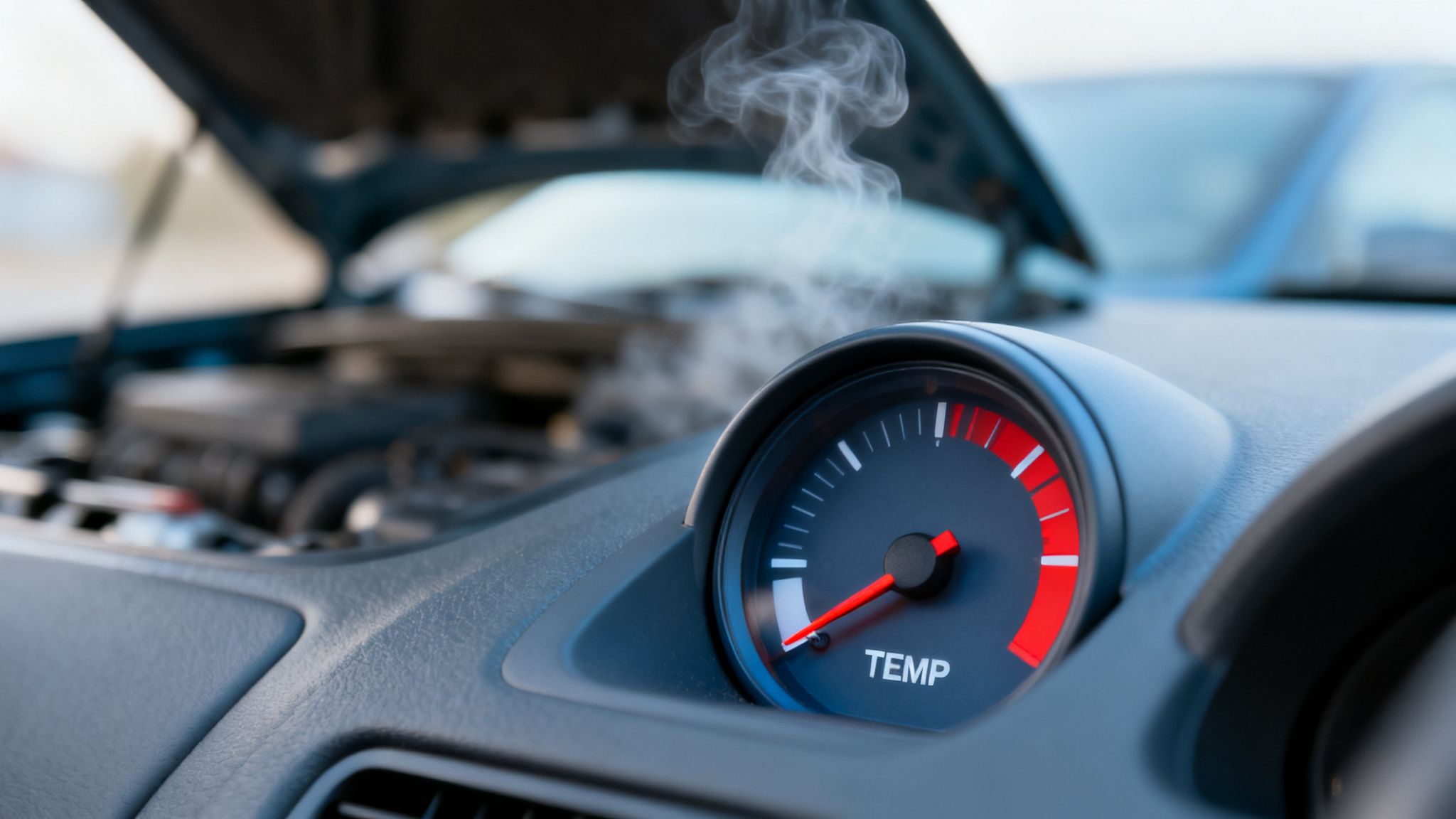 Close-up of a car's temperature gauge in the red, with steam rising from an open hood.