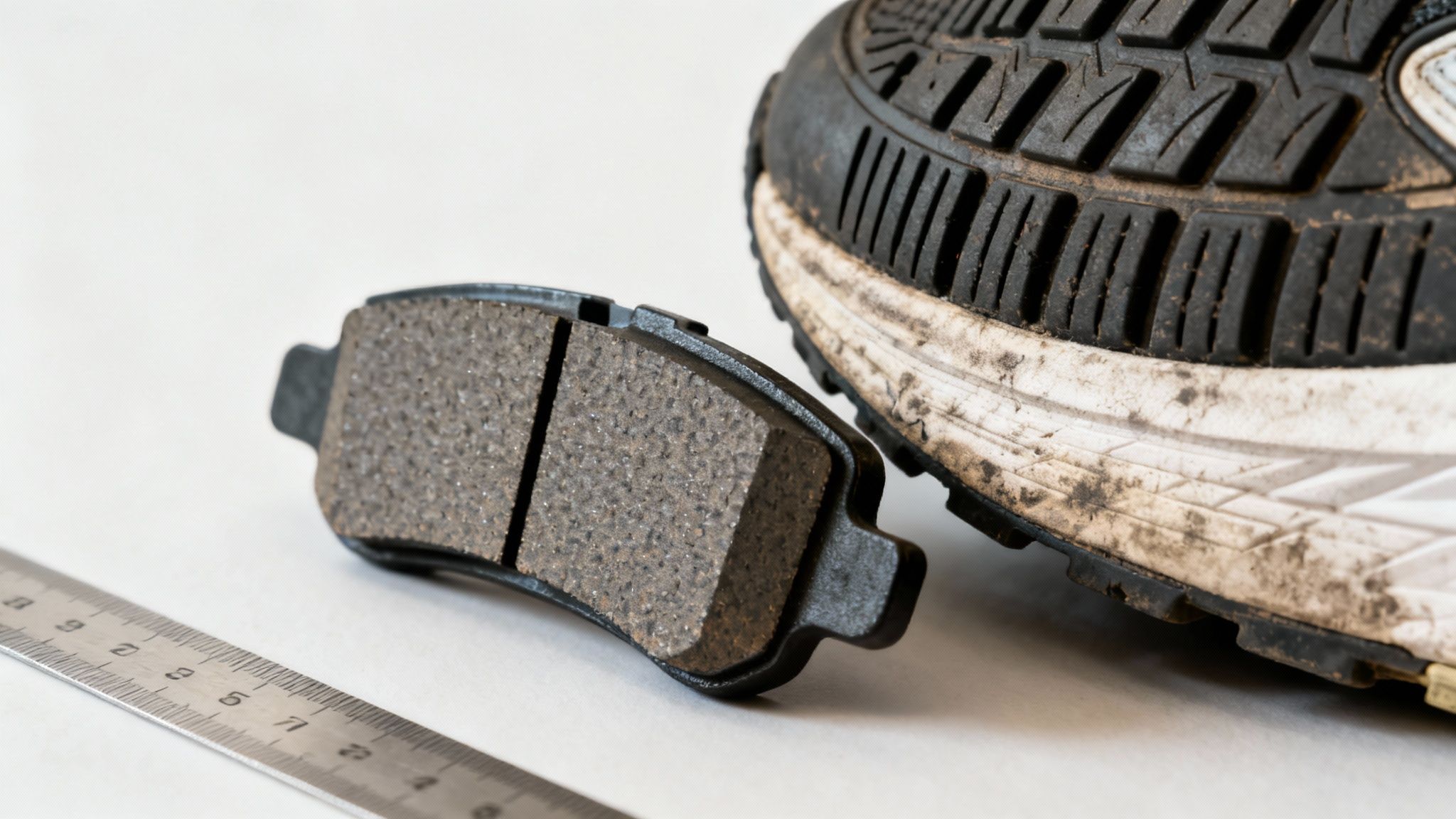 A new brake pad alongside a dirty running shoe sole and a metal ruler on a white background.