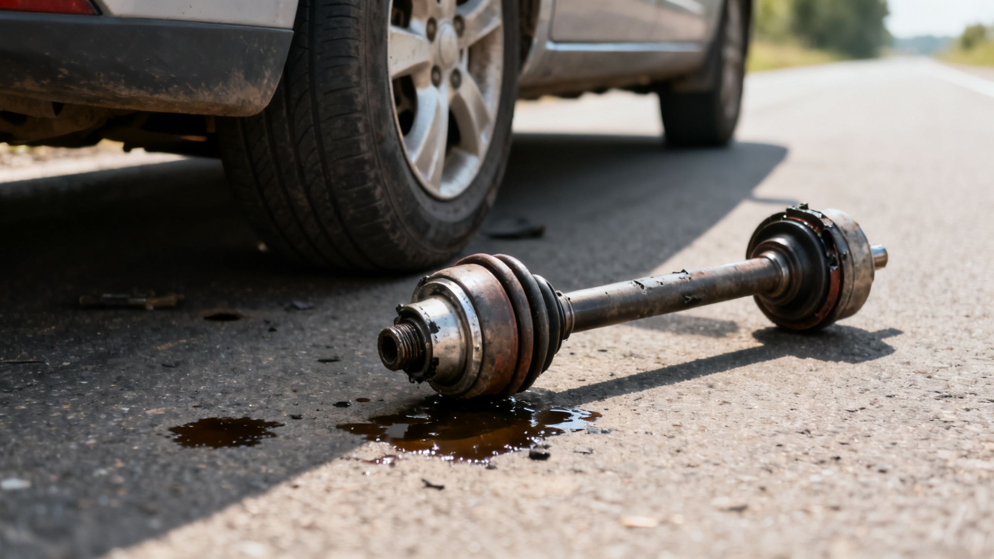 Worn car CV joint and drive shaft fallen off a vehicle, leaking fluid on the road.