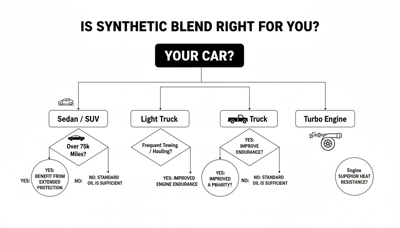 Flowchart determining if synthetic blend oil is right for your car based on vehicle type and specific needs.