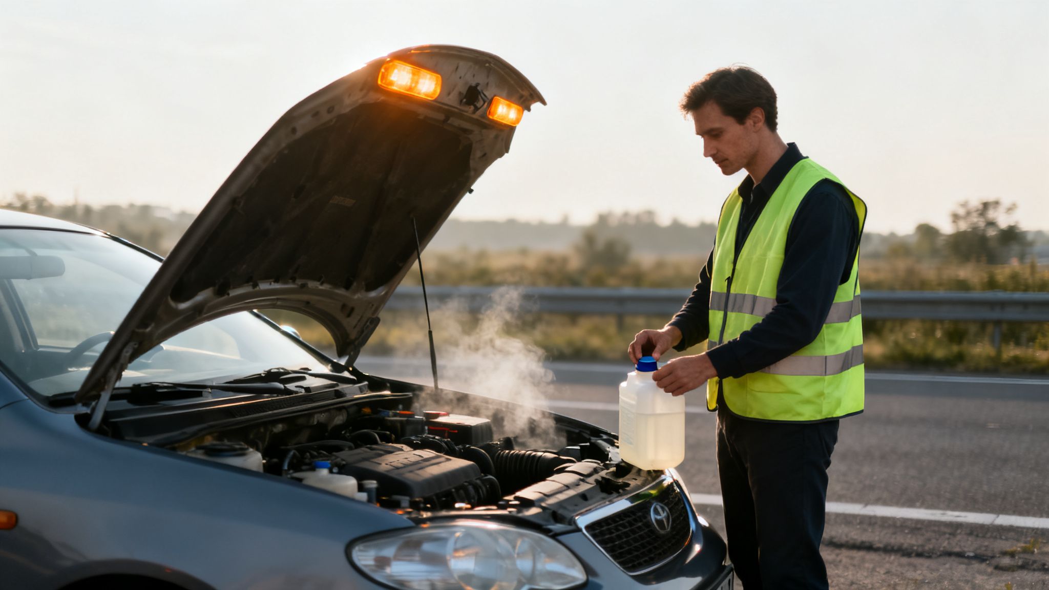 Man in safety vest with broken-down car, engine smoking, holding coolant. Car troubles.