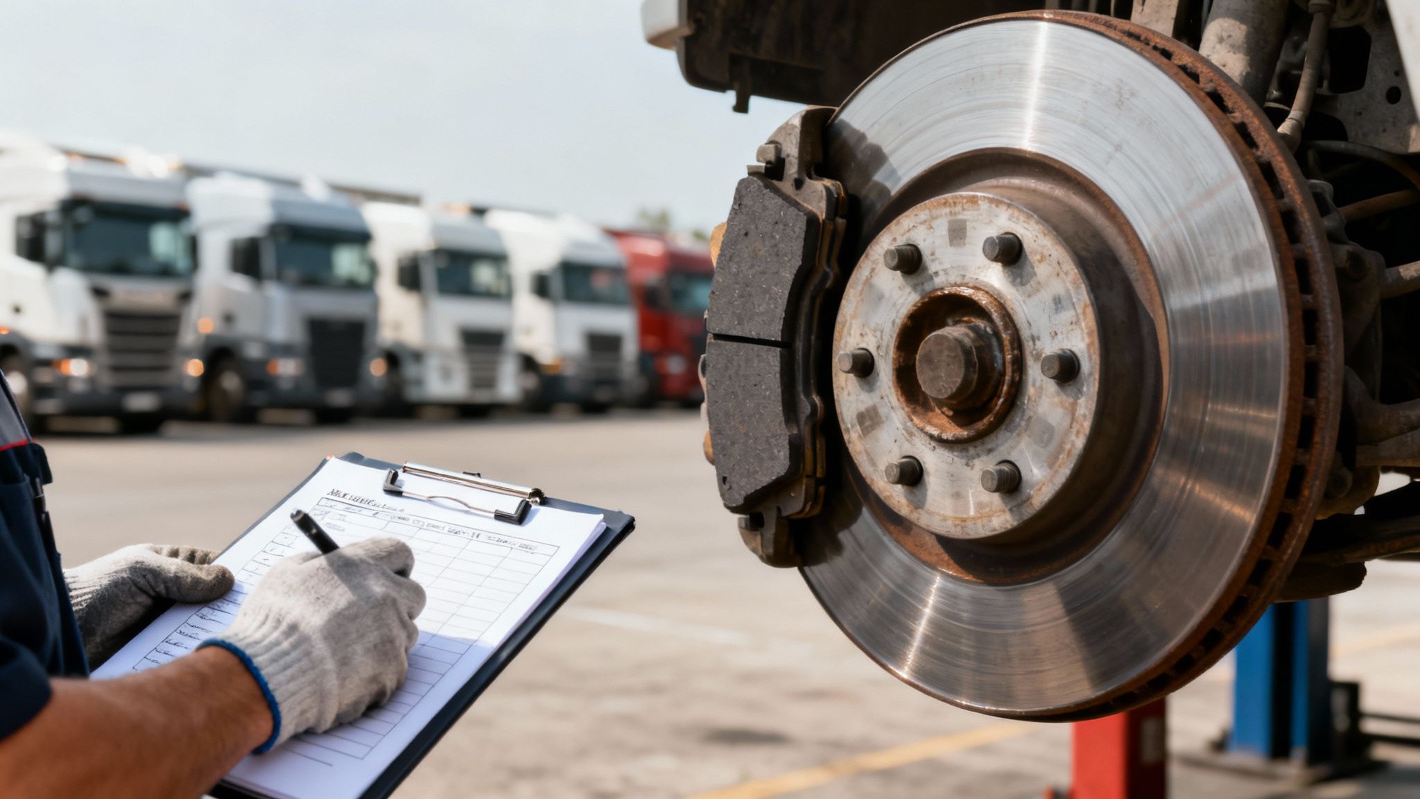 Mechanic inspects vehicle brake disc and pads, writing on a clipboard during truck maintenance.
