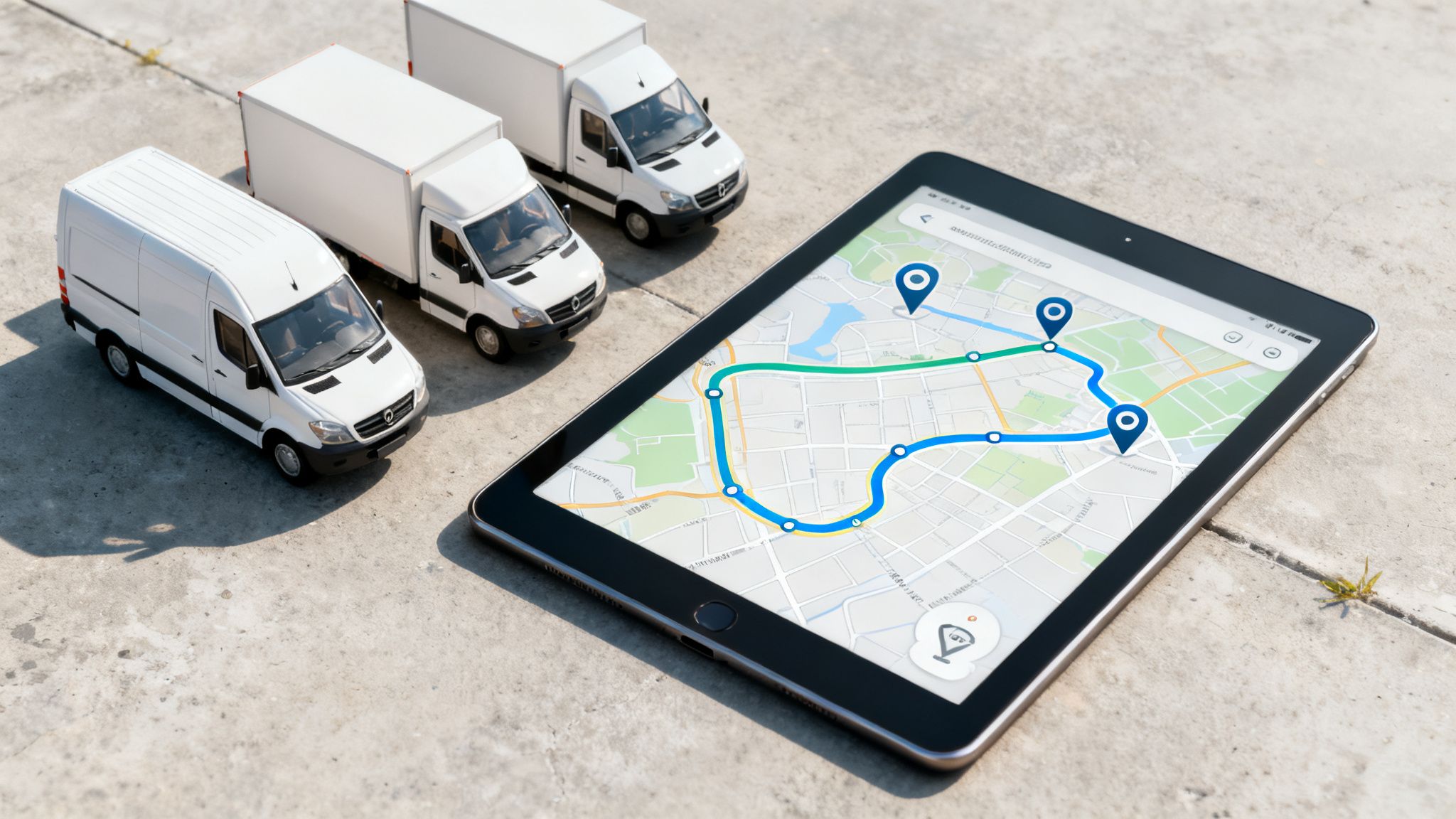 Three white delivery vans parked next to a tablet displaying a navigation map with a route.