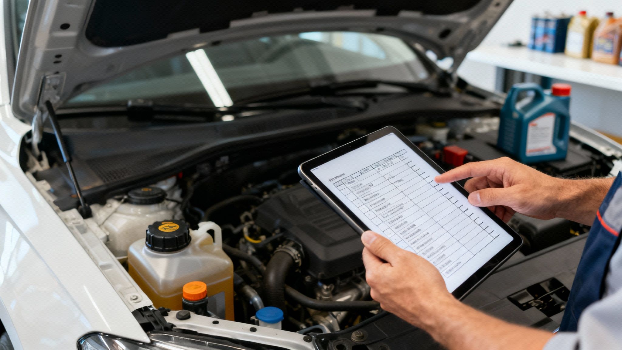 Auto mechanic reviewing a digital checklist on a tablet above an opened car hood.