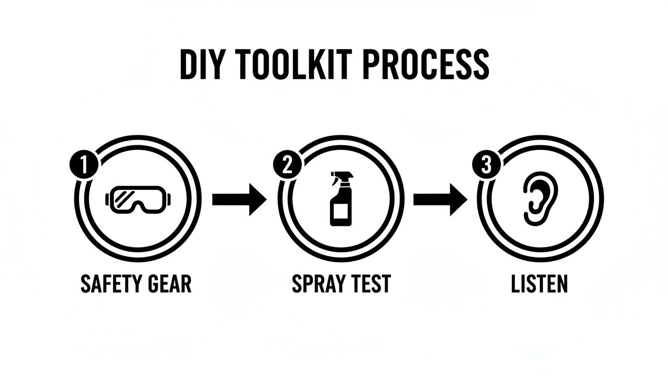 A DIY toolkit process diagram with three steps: safety gear, spray test, and listen.