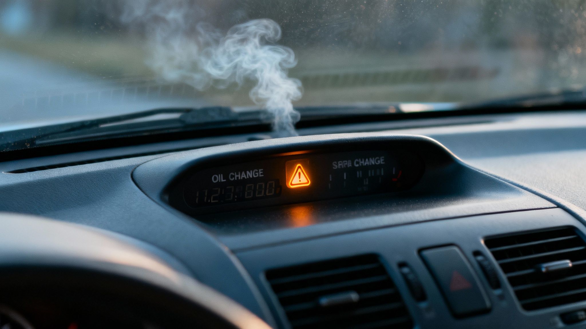 Car dashboard with 'OIL CHANGE' warning light, an orange triangle, and smoke rising, indicating engine trouble.