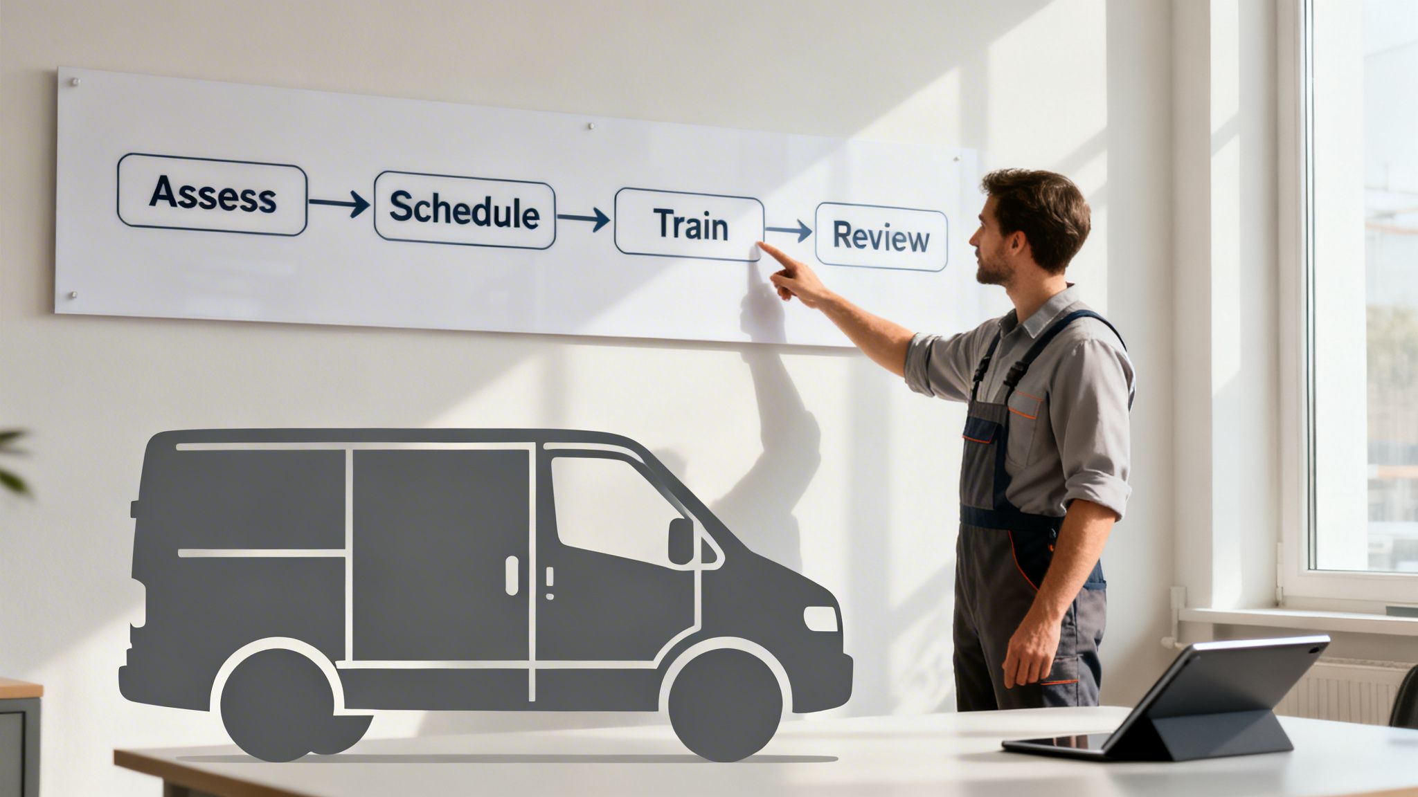 A man in work overalls points at a "Train" step in a process flow diagram, with a delivery van graphic.