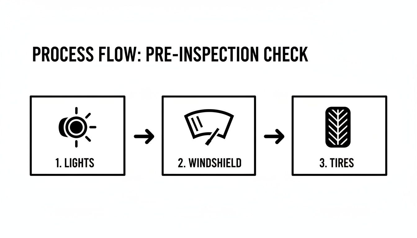 A process flow diagram illustrating pre-inspection checks: 1. Lights, 2. Windshield, and 3. Tires.