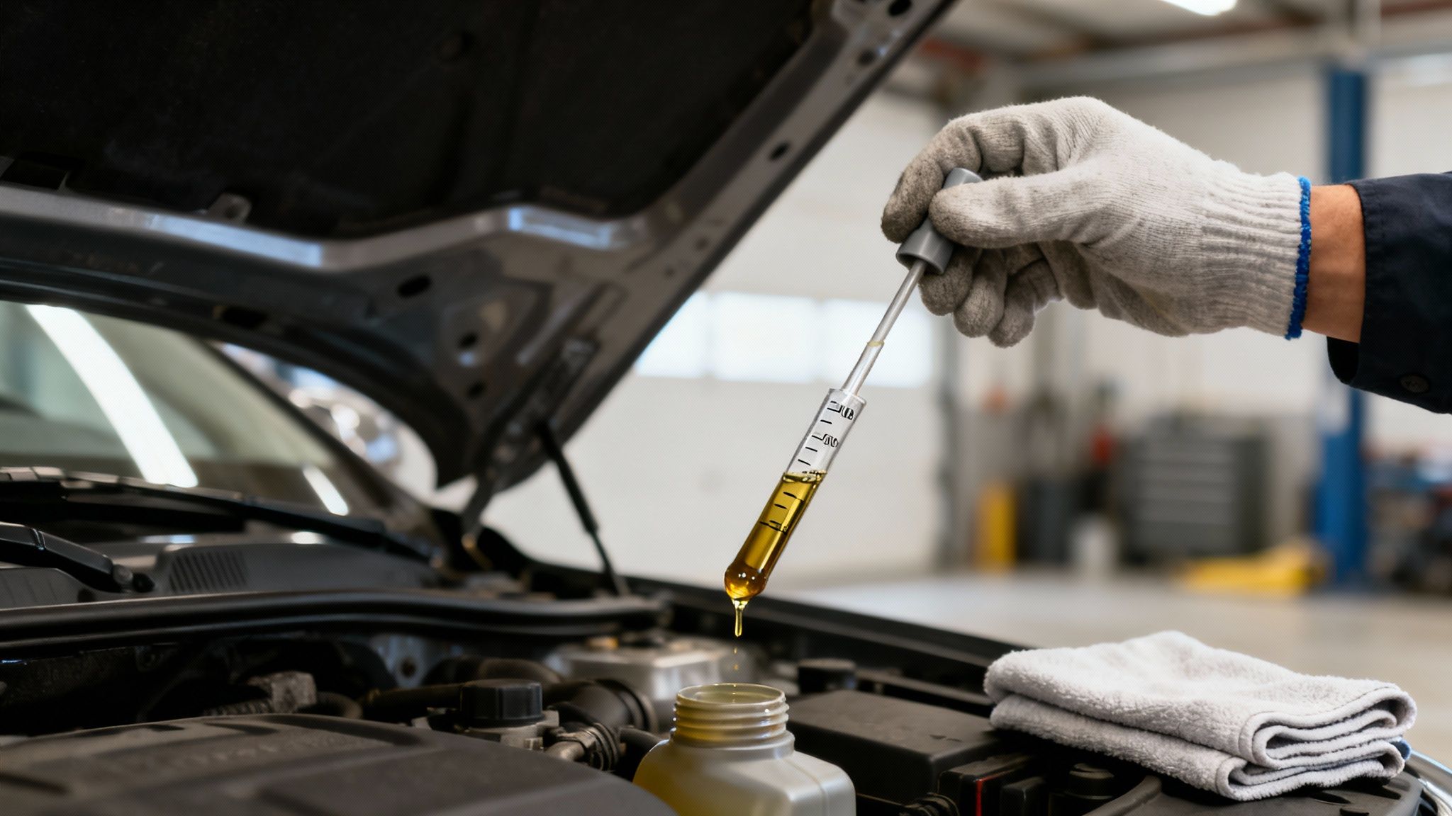 A gloved hand uses a pipette to add fresh engine oil to a car in a garage.