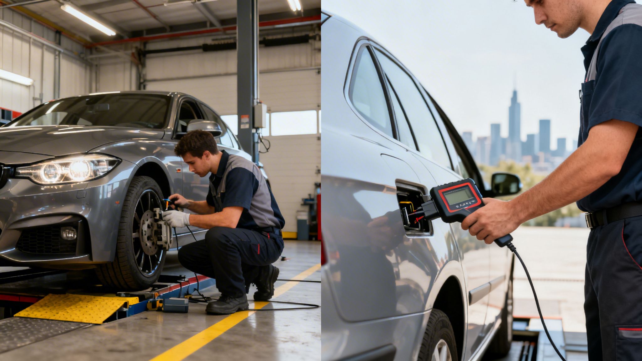 Two professional mechanics perform comprehensive car inspections and diagnostics on vehicles.
