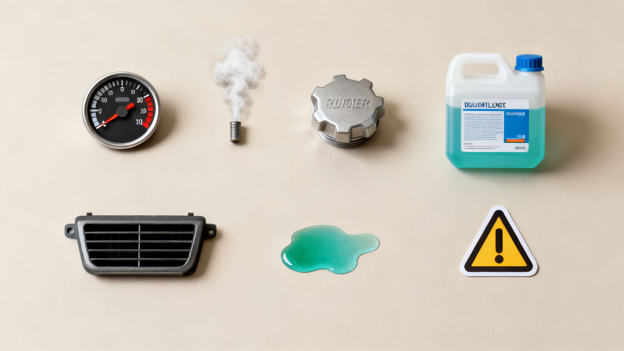 A flat lay of car problem indicators including a hot temperature gauge, smoke, a coolant leak, and a warning sign.