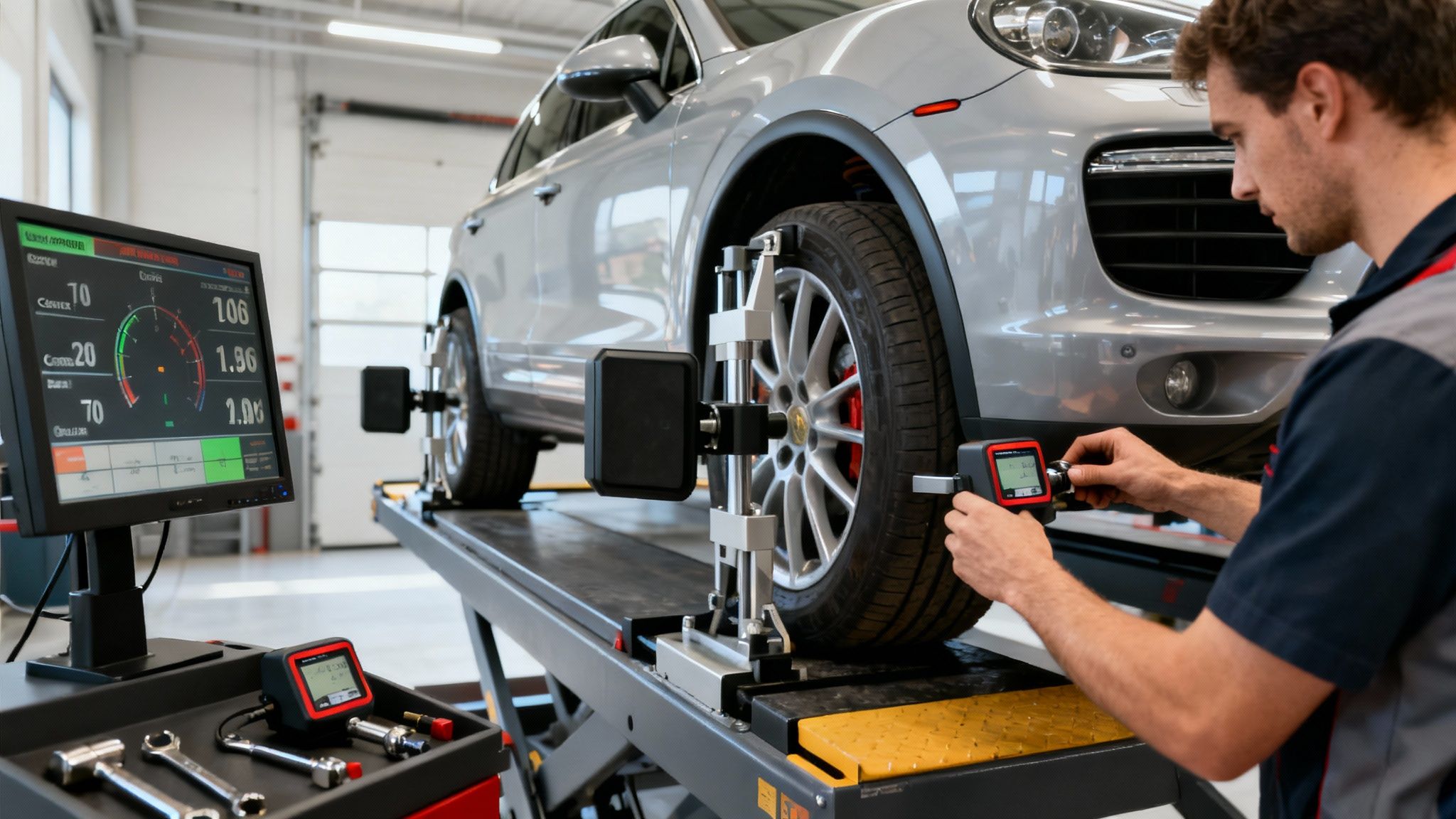 Mechanic performs a four-wheel alignment on a silver car using modern diagnostic equipment in a garage.