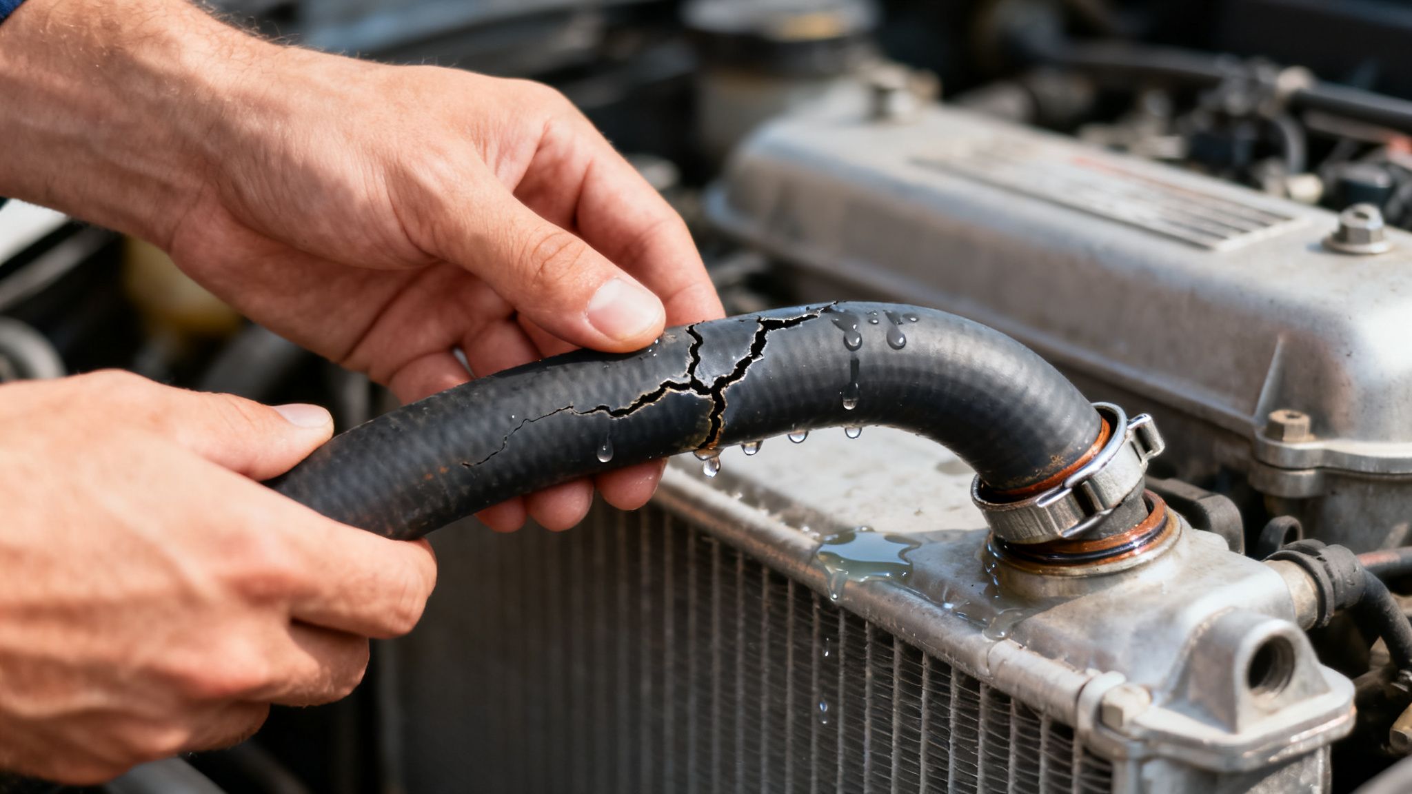 Close-up of a person's hands holding a severely cracked car radiator hose, leaking coolant over the engine.