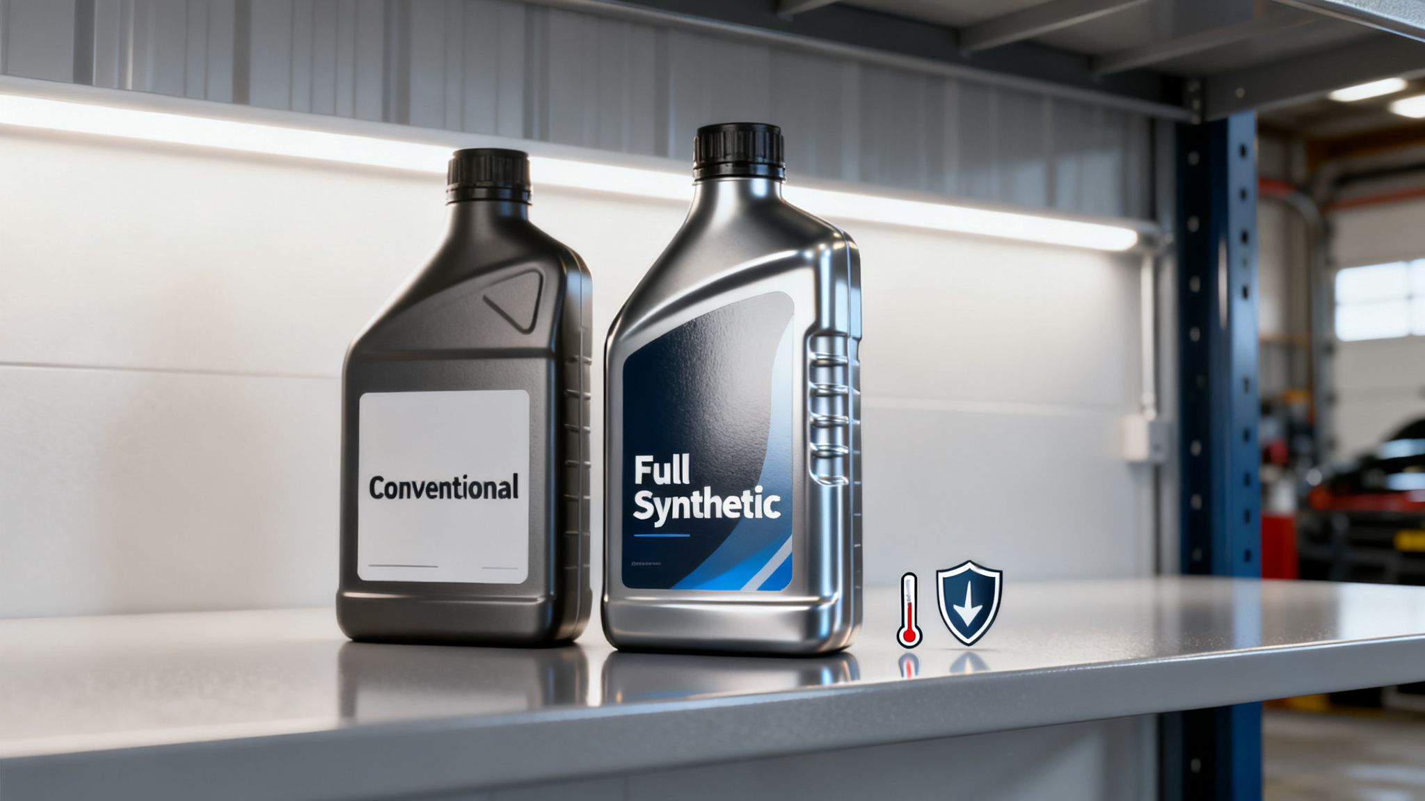 Two bottles of conventional and full synthetic engine oil on a shelf with temperature and protection icons.