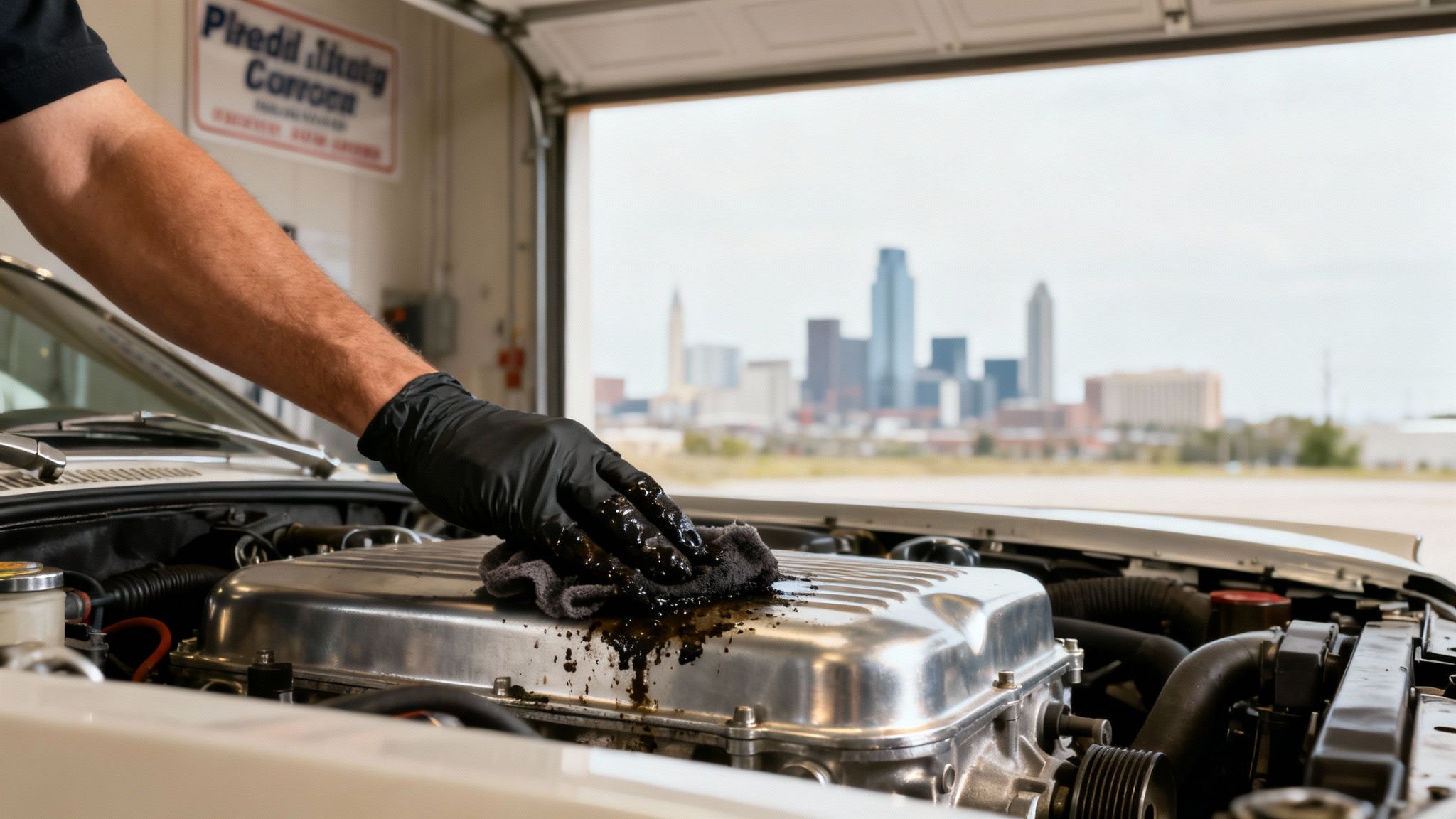 A person in a black glove cleaning a car engine with spilled oil, city skyline in background.