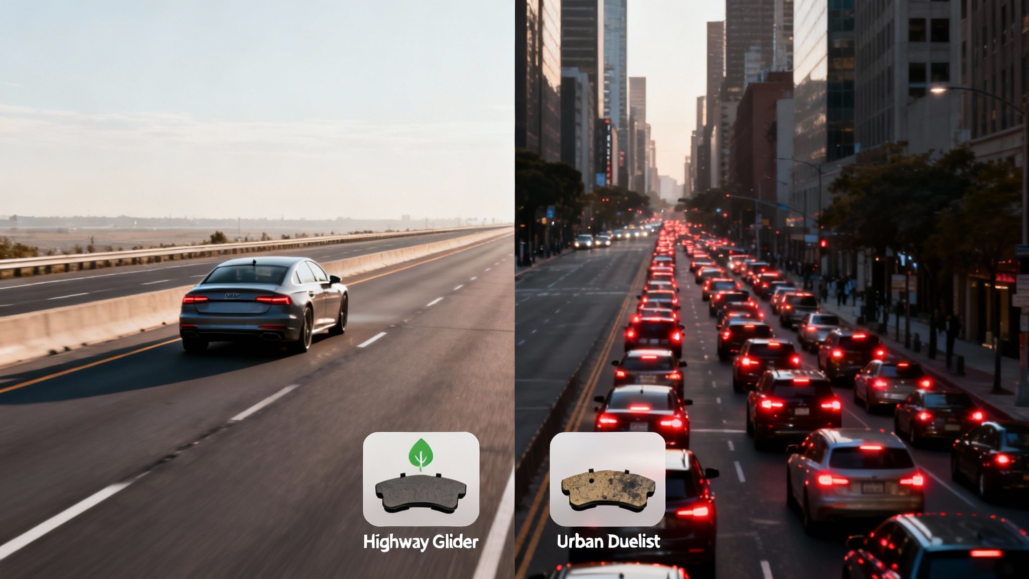Image compares two scenes: a car on a highway with 'Highway Glider' brake pads, and urban traffic with 'Urban Duelist' brake pads, illustrating different driving conditions.