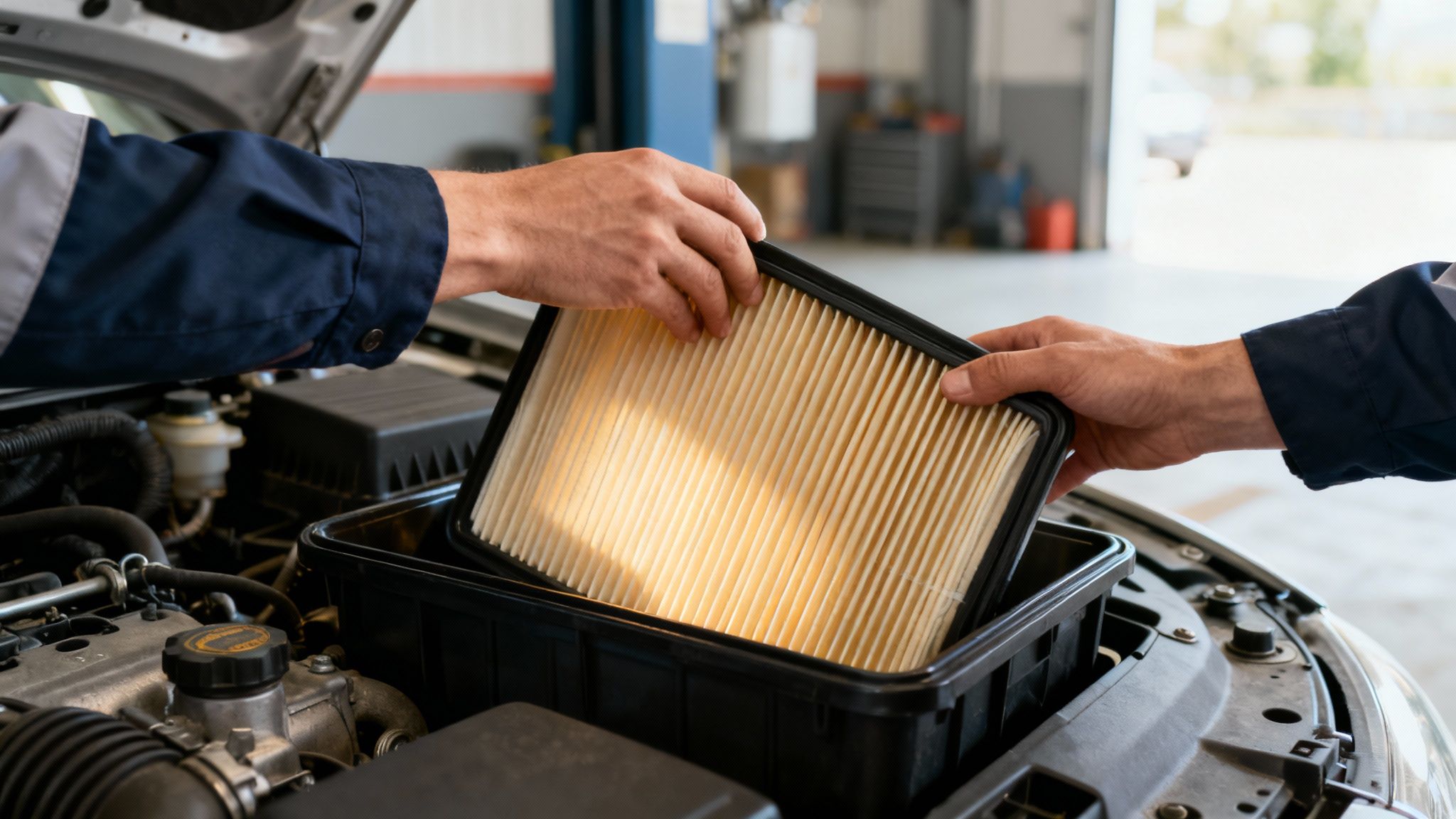 Two mechanics collaboratively replacing a car's engine air filter, ensuring optimal vehicle performance and maintenance in a professional garage.