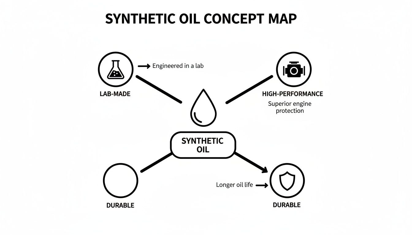 A synthetic oil concept map shows it is lab-made, high-performance, and durable.