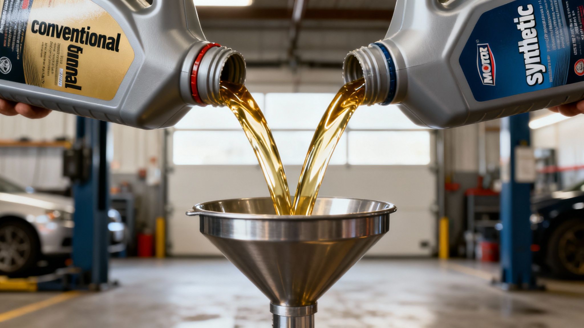 Two hands pour conventional and synthetic motor oil into a funnel at a car shop.