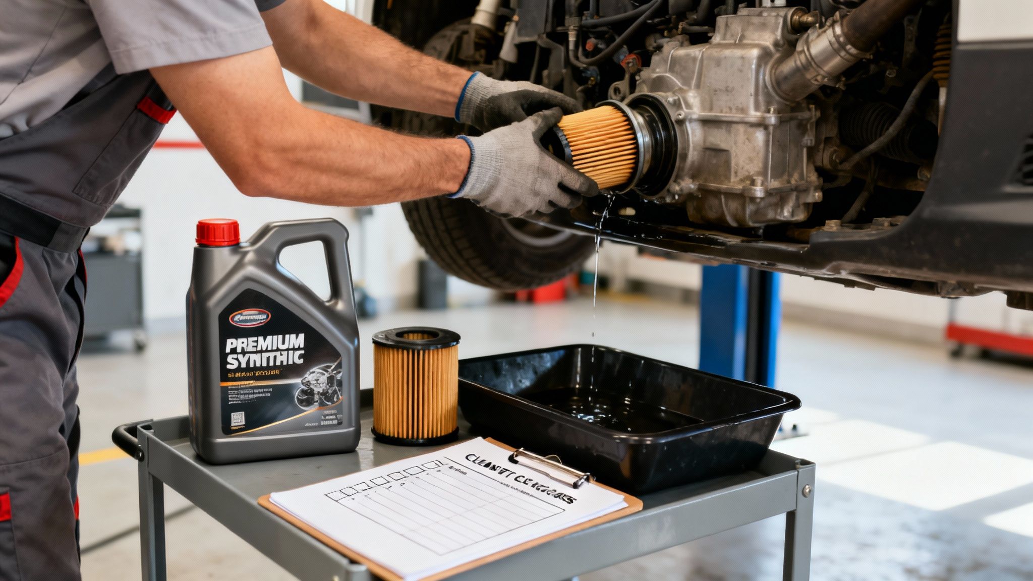 Auto mechanic replacing an oil filter on a vehicle, with synthetic oil and tools nearby.