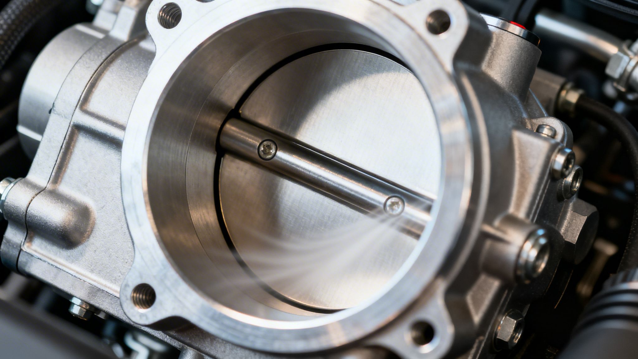 A detailed view of a silver throttle body with an open valve and white vapor, suggesting cleaning.