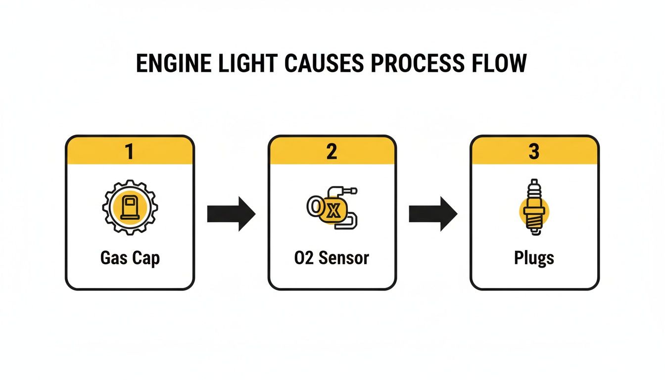 A process flow diagram illustrating common engine light causes: Gas Cap, O2 Sensor, and Plugs.